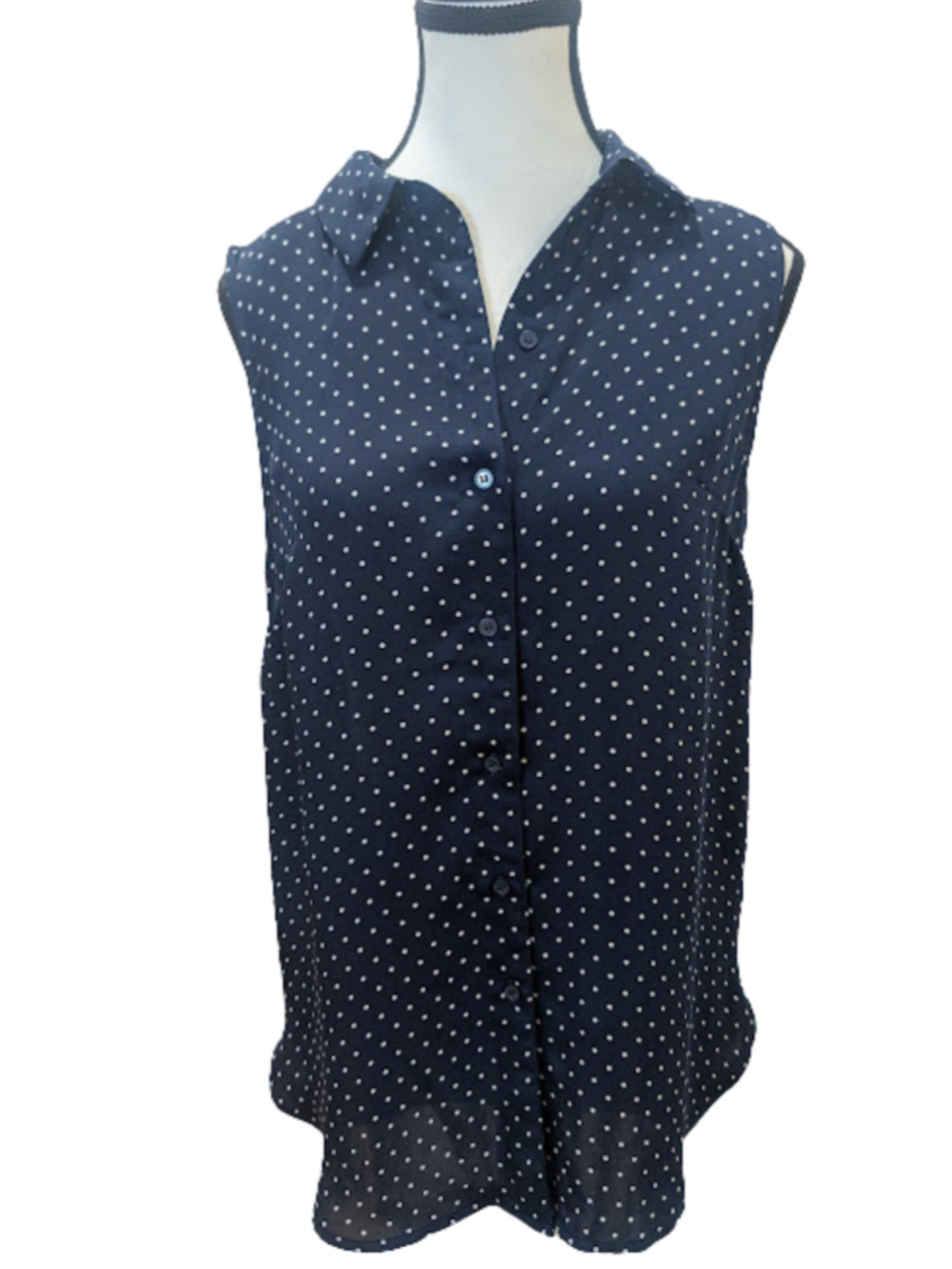 Polka Dot Womens Sleeveless Blouse Size 6 Navy White Button Front Career Top H&M
